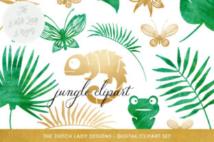 Download Jungle Clipart Set - Green Watercolor & Gold - Chameleon, Frog, Leafs, Plants, Butterflies - Premium Resources